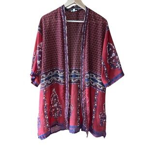 Sheer Bohemian Kimono Burgundy & Blue Florals - One Size